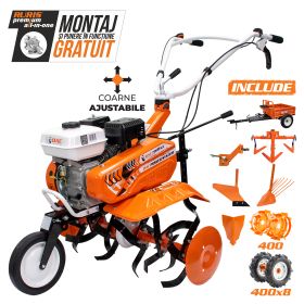Motosapa DAC 7000 ACC4 + roti cauciuc 4.00-8+rarita+plug+adaptor+dispozitiv scos cartofi+roti metalice 400 fara manicot+cultivator+remorca RURIS 450S 7CP